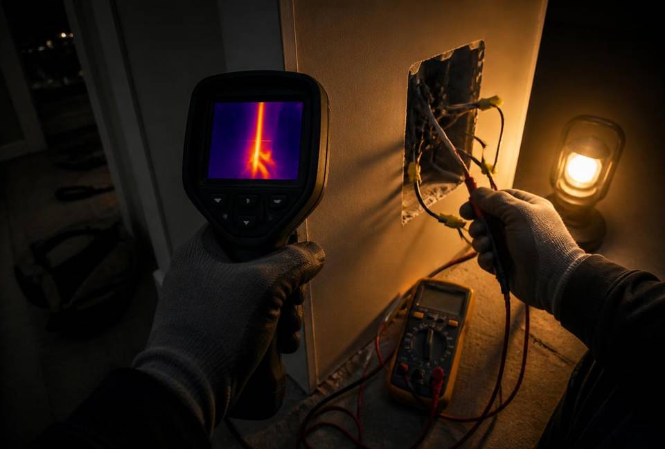 Rikke otsing: elektrik kontrollib harukarpi termokaamera ja multimeetriga