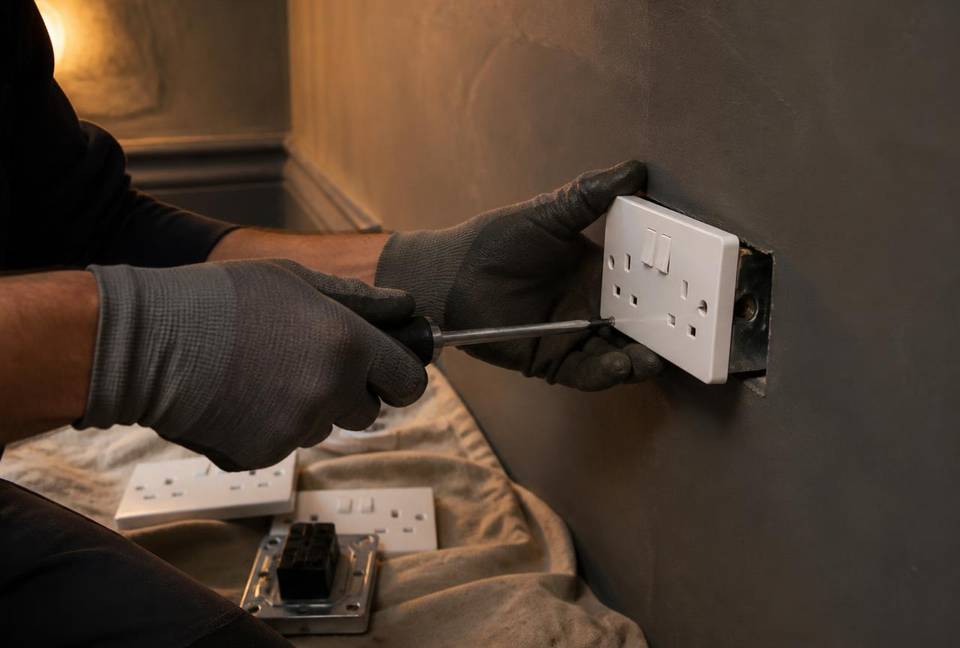 Elektrik paigaldab uut süvispistikupesa värskelt krohvitud korteriseina
